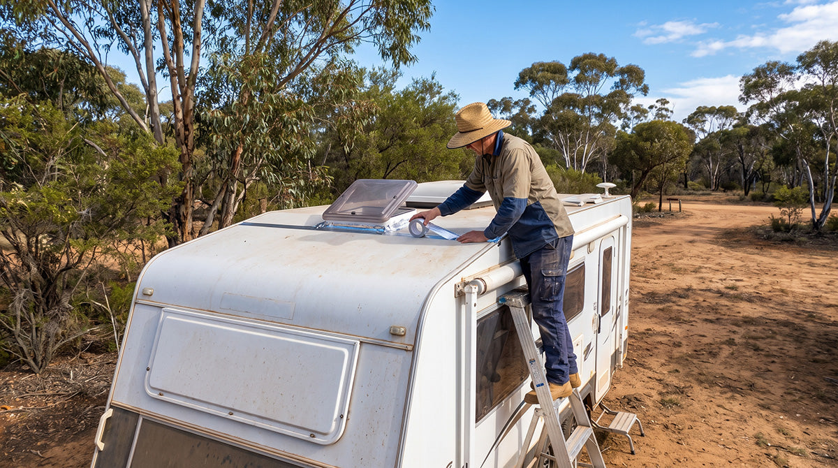 Caravan owner applying silver waterproof butyl tape to a roof vent seam on a white caravan, Australian campsite, blue sky