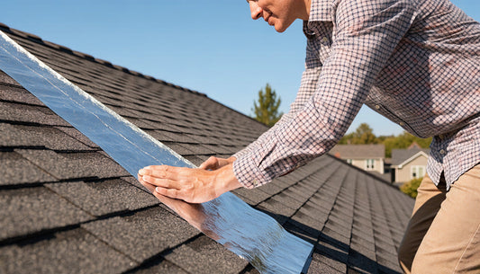 homeowner applying waterproof butyl tape to fix roof leak on asphalt shingle roof