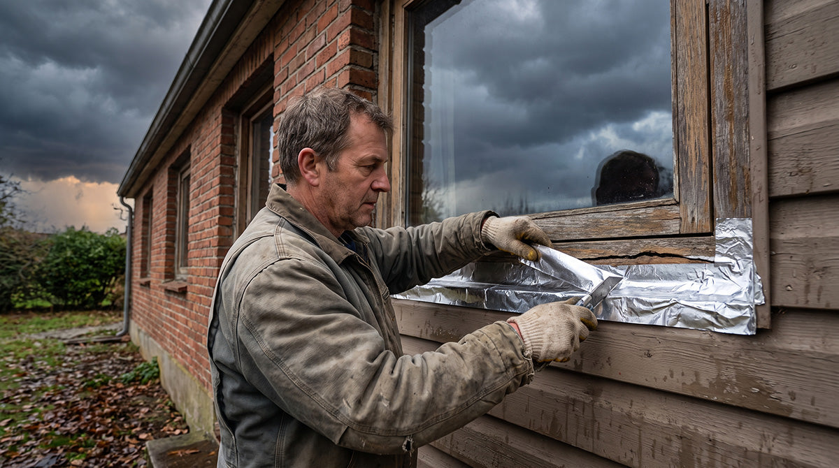 Homeowner sealing a window frame edge with silver waterproof tape before a storm, cloudy sky in background
