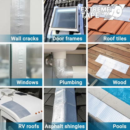 Collage of various scenarios where Extreme Tape is used, including wall cracks, door frames, roof tiles, windows, plumbing, wood, RV roofs, asphalt shingles, and pools.
