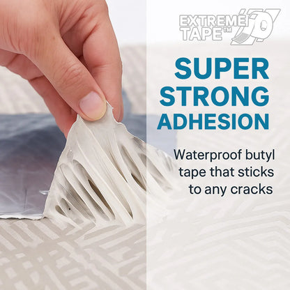 Hand applying waterproof butyl tape with 'Extreme Tape' branding and text about super strong adhesion.